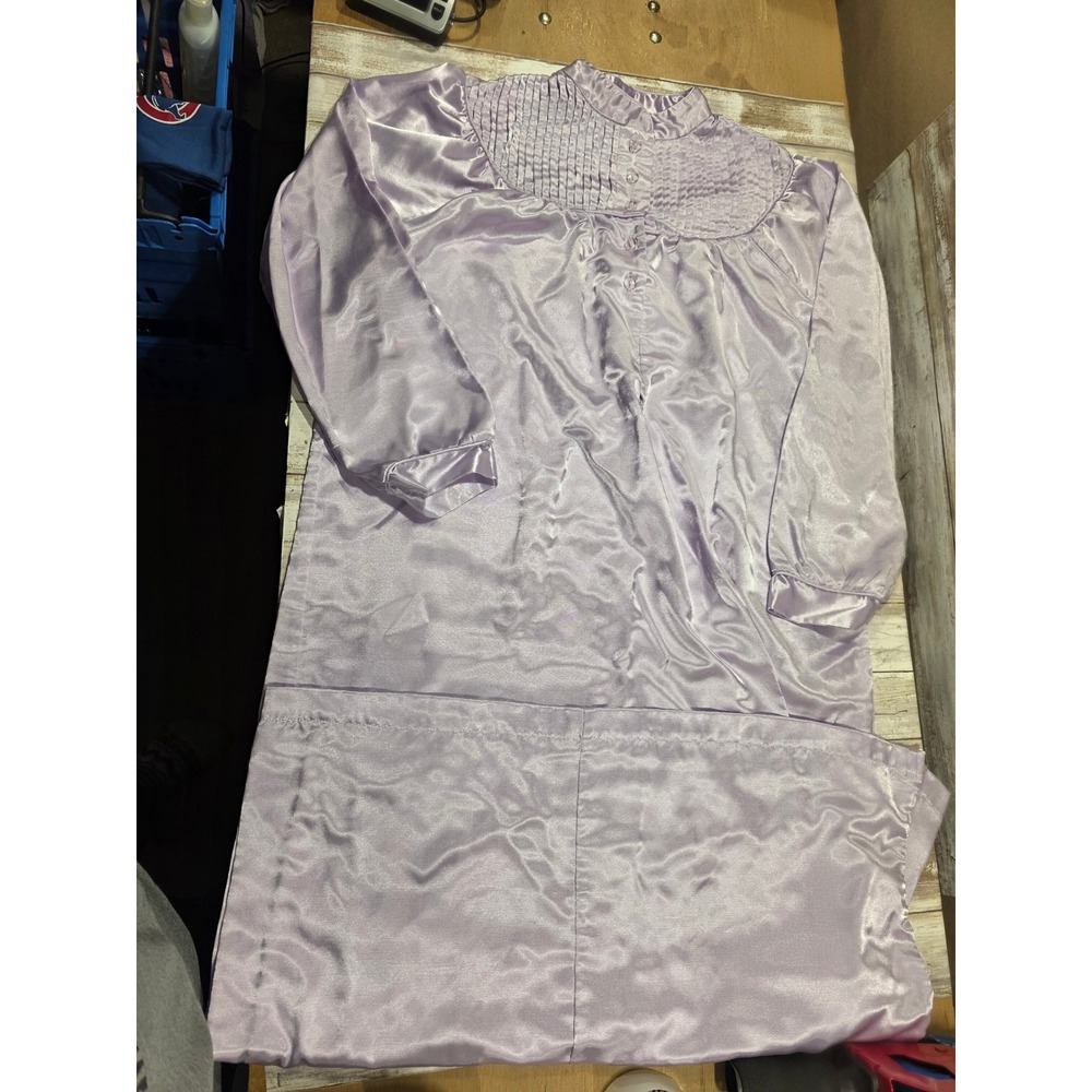 National Lavender Satin Long Sleeve Nightgown Pleated Bodice Purple Small